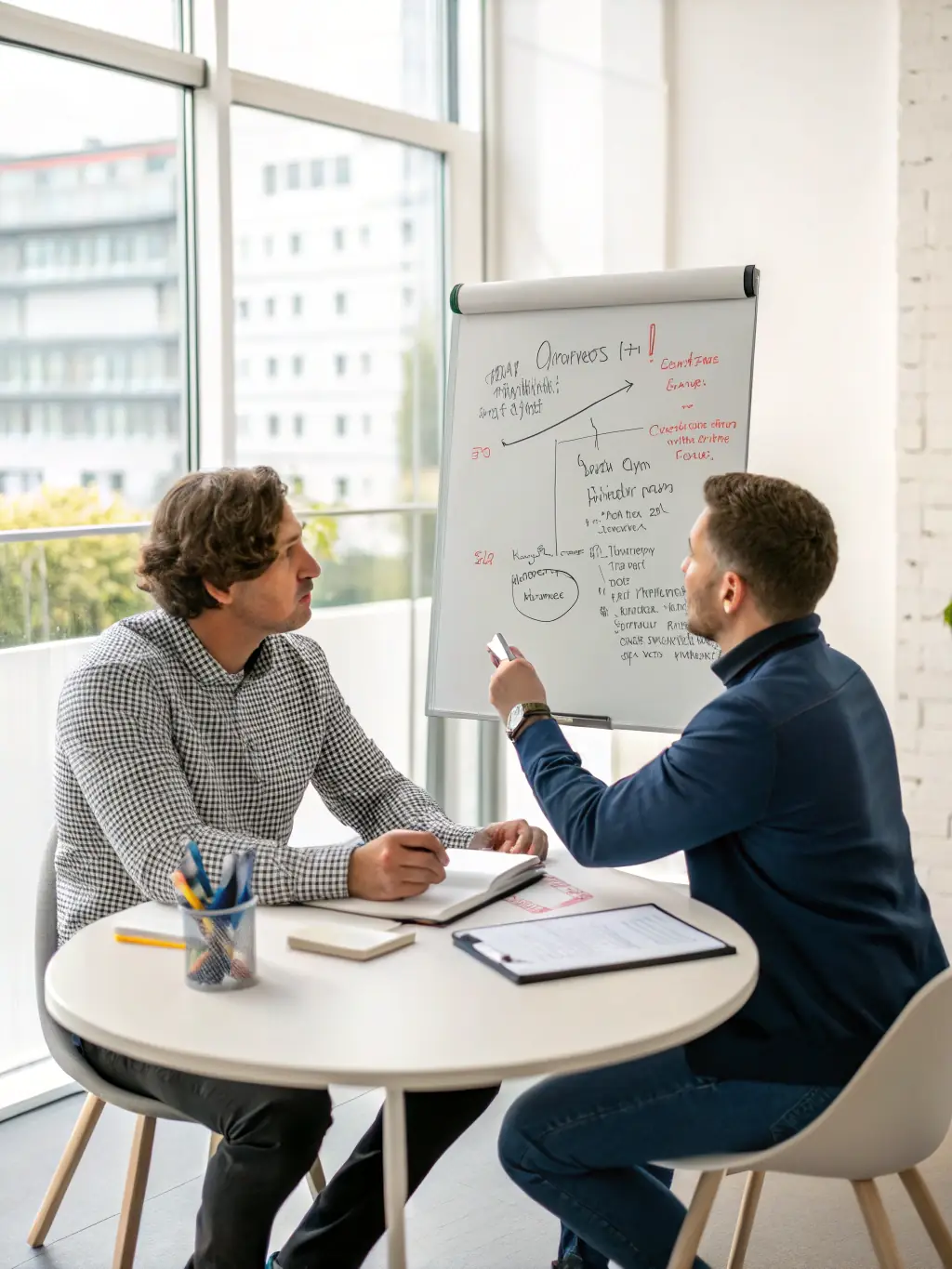 A coach and client collaboratively setting career goals, using a whiteboard with strategic planning notes, in a bright and encouraging environment.