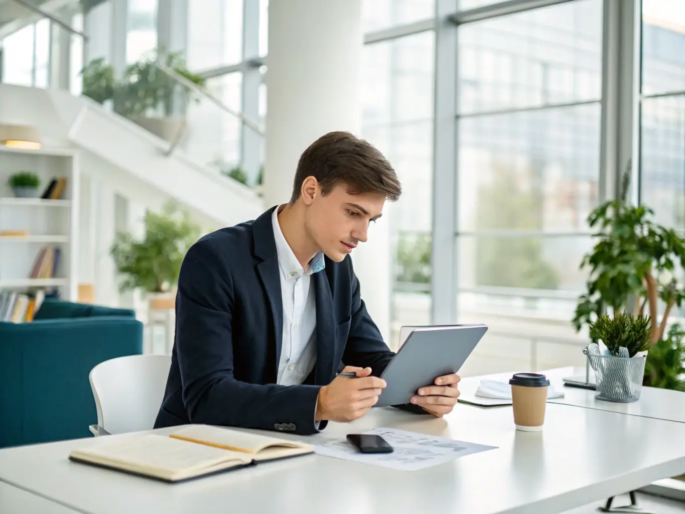 A person thoughtfully completing a career assessment questionnaire on a tablet, with a coach providing guidance in a bright, modern office setting. The scene should convey focus and collaboration.