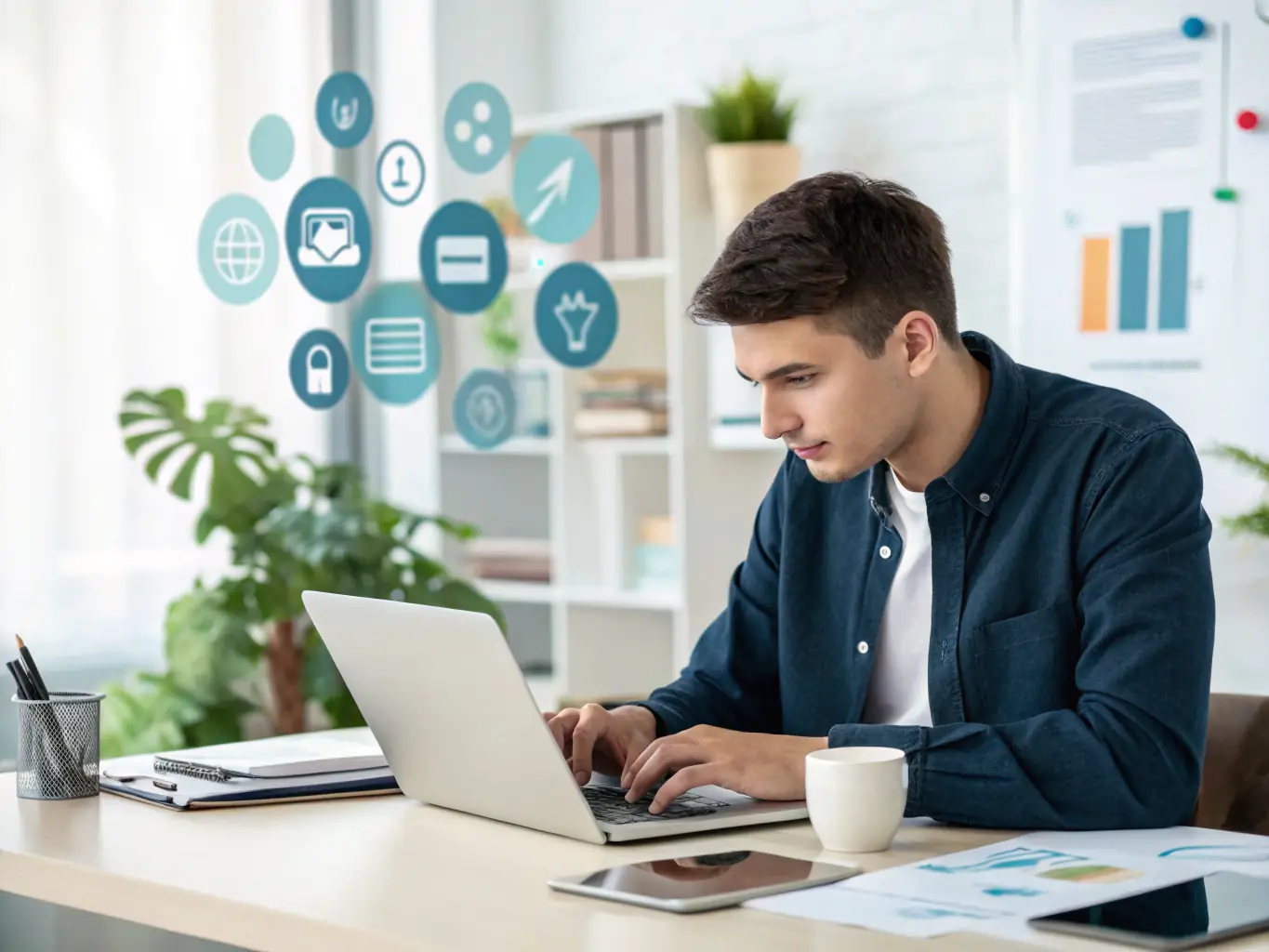 A person actively searching for jobs on a laptop, with a coach providing support and resources in a co-working space. The scene should depict a collaborative and resourceful environment.