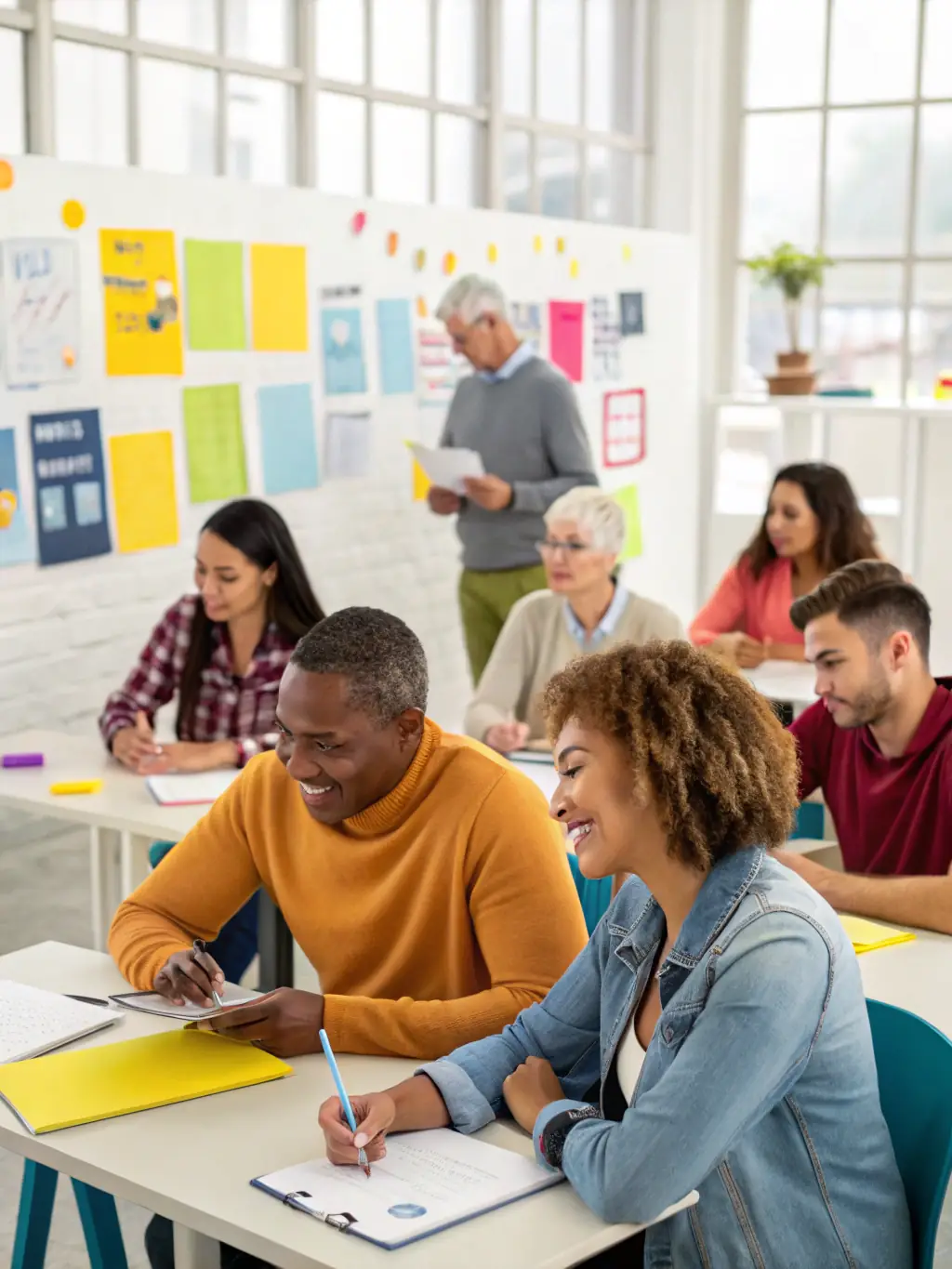 A diverse group of professionals participating in a career development workshop, led by a coach, in a modern training facility with Canadian artwork on the walls.