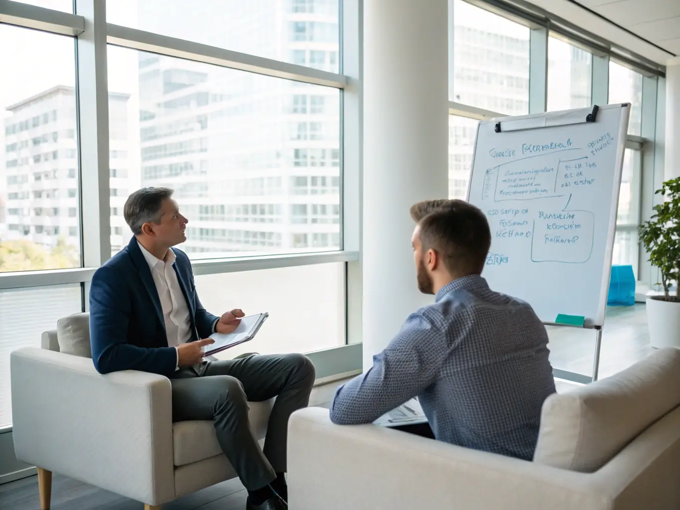 A person confidently setting career goals with a coach during a one-on-one session, using a whiteboard to map out objectives and strategies. The atmosphere should be encouraging and goal-oriented.