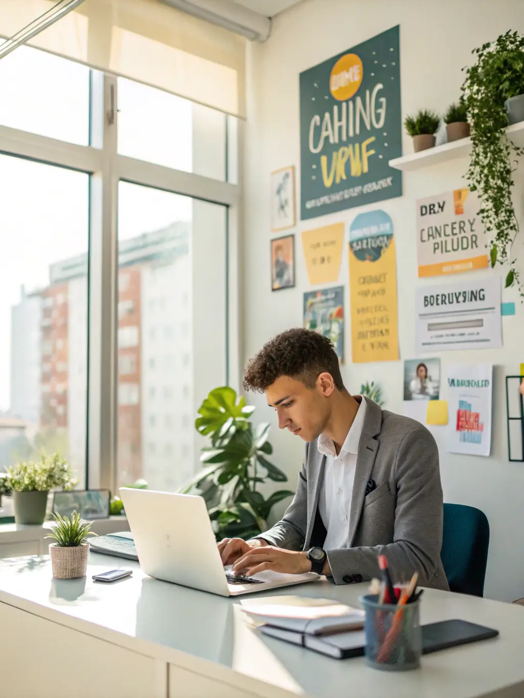 A person confidently using a laptop to search for jobs, with a supportive coach offering guidance, in a co-working space with a Canadian flag subtly displayed.